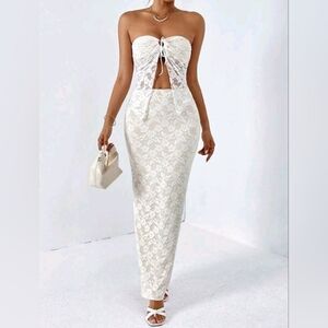 Women Summer Two Pieces Halter V-Neck Lace Bodycon Top And Lace Slit Skirt